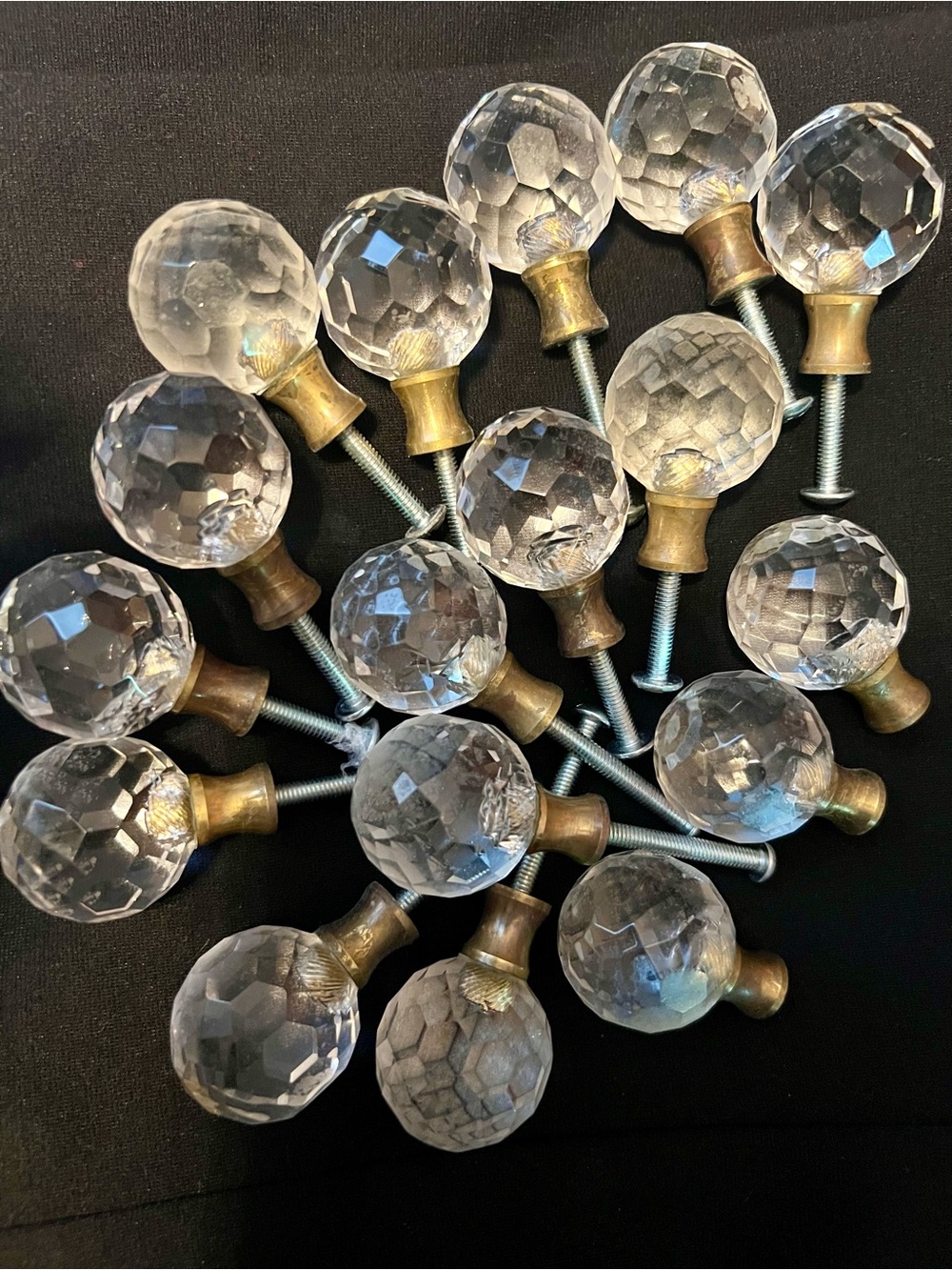 Lot of 17 Vintage old Hollywood Glamour Clear Lucite/Acrylic Drawer Knobs/Brass